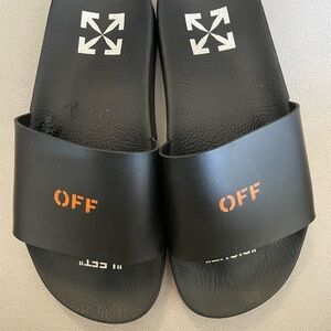 Off-White Black Slides with Orange and White Accents